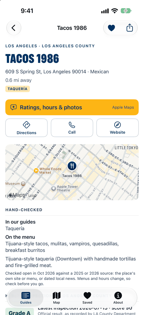 A taquería's page in California Eats: address, a button for ratings, hours and photos in Apple Maps, what it serves and LA County's official inspection grade.
