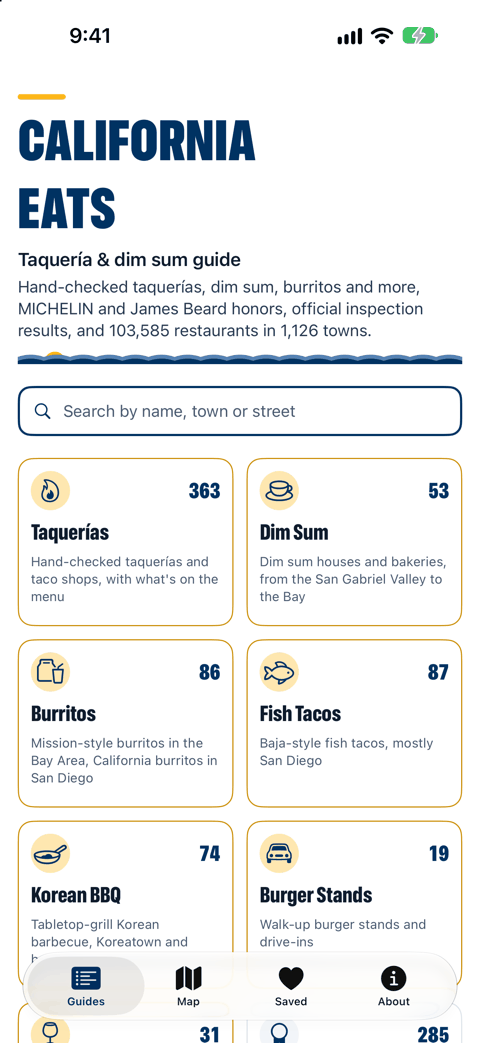 California Eats home screen: guides for taquerías, dim sum, burritos, fish tacos, Korean barbecue, burger stands, wine country, MICHELIN and James Beard honors, the oldest places and official inspection results, with a search box for every restaurant in the state.