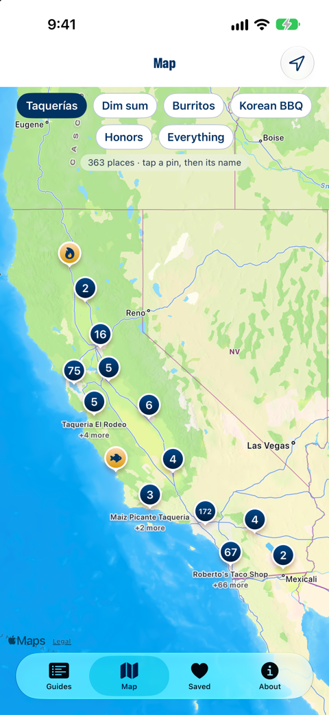 California Eats map with pins for hand-checked taquerías.