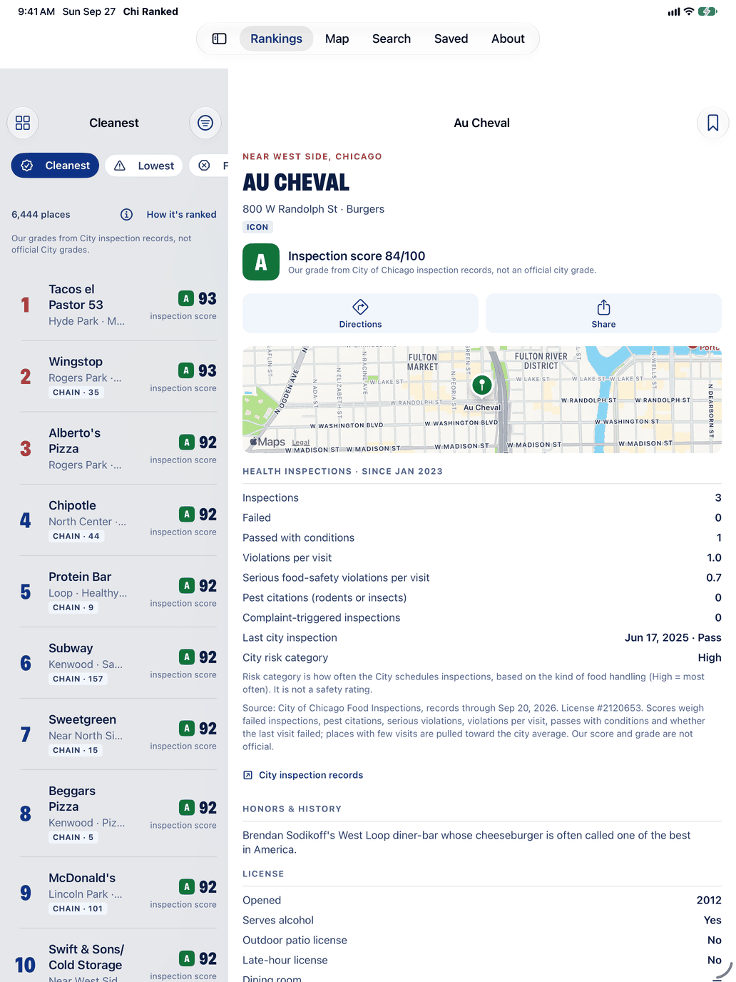 iPad screen of Chicago Restaurants: Ranked with the Cleanest board in a list beside an A-grade restaurant’s place page showing its grade, score and inspection record