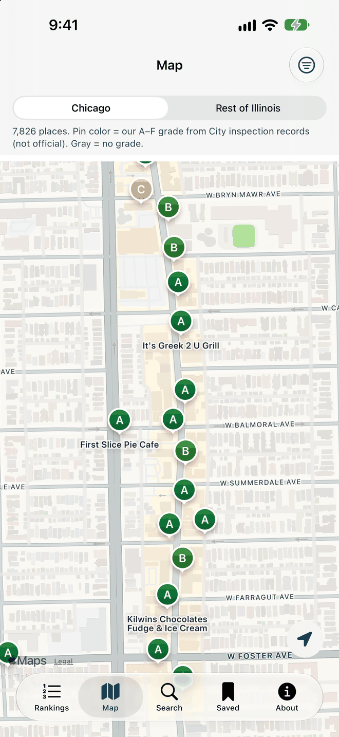 Map of the Andersonville neighborhood with restaurant pins colored by our grade, mostly green A and B pins along Clark Street