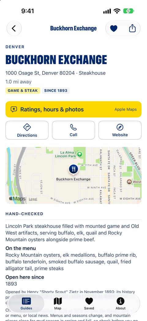 The Buckhorn Exchange in Denver in Colorado Eats: address, a button for ratings, hours and photos in Apple Maps, bison and elk on the menu, open since 1893.