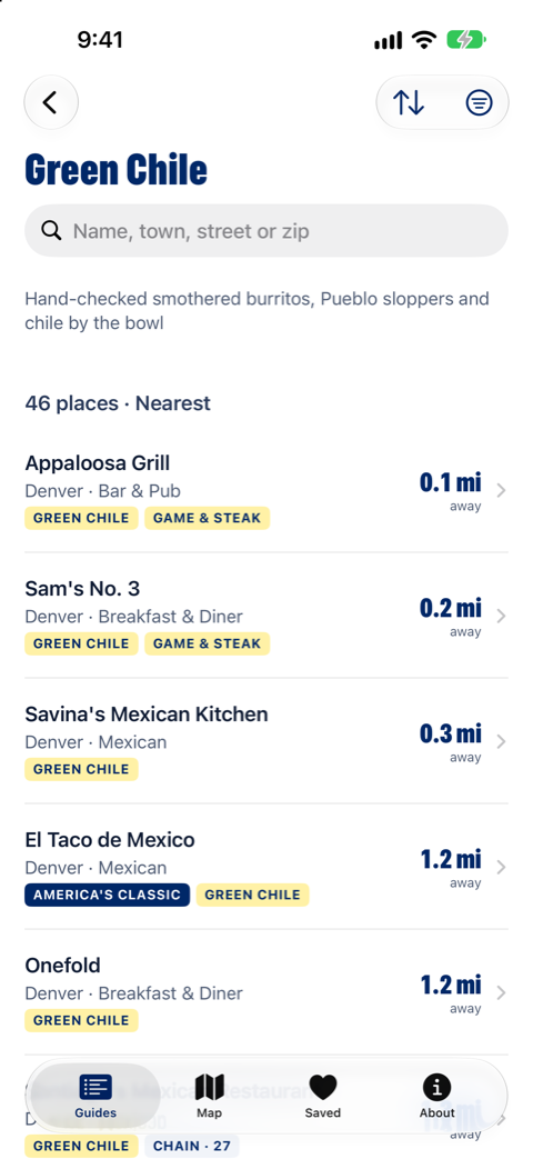 The hand-checked Green Chile list in Colorado Eats, sorted by distance from downtown Denver.