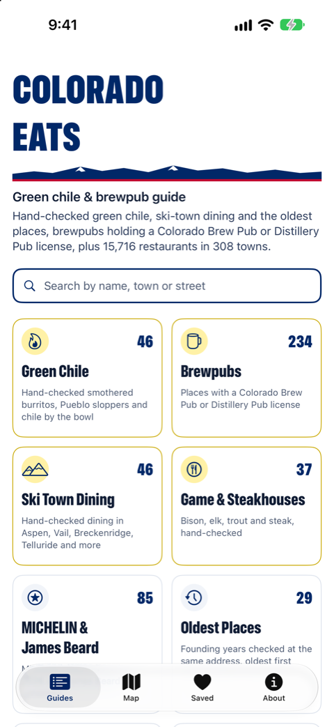 Colorado Eats home screen: Green Chile, Brewpubs, Ski Town Dining, Game & Steakhouses, MICHELIN & James Beard, Oldest Places and Inspections guides, with a search box for Colorado restaurants.