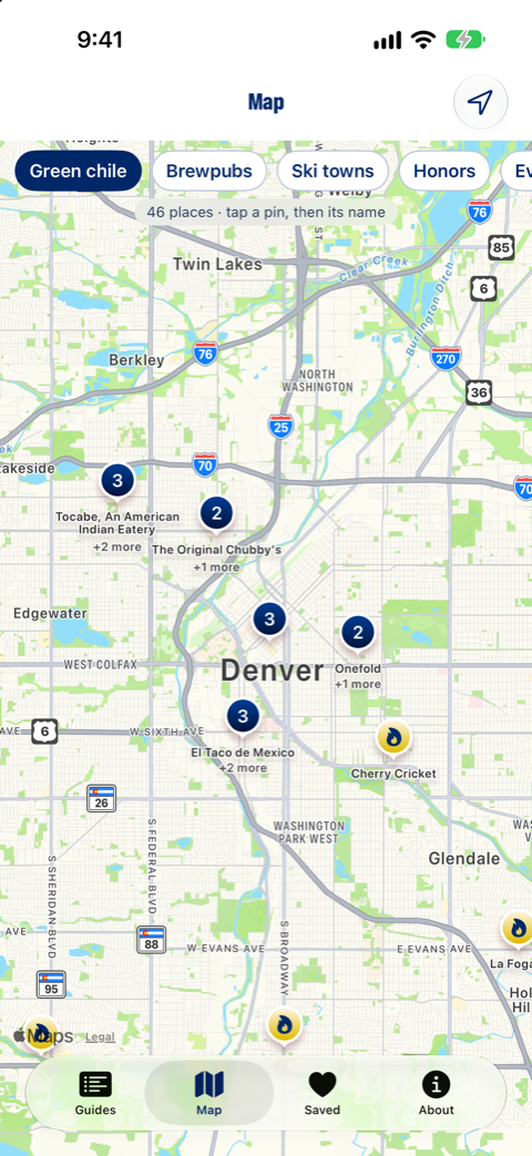 Colorado Eats map of Colorado with pins for green chile spots.