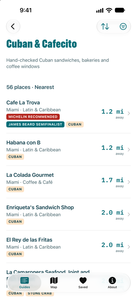 The hand-checked Cuban sandwich and cafecito list in Florida Eats, nearest first, with each place's town, kind and distance.