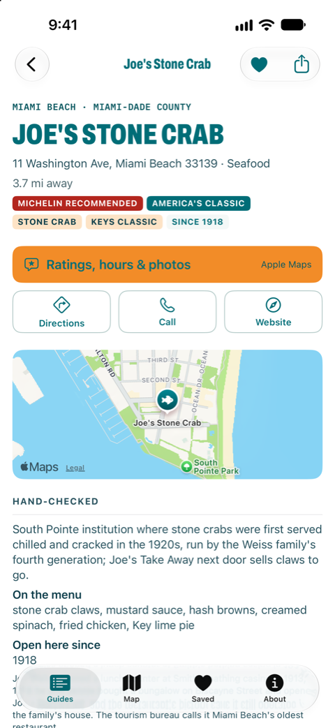 A place in Florida Eats: its address, honors and guide tags, a button for Apple Maps' ratings, hours and photos, Directions, Call and Website buttons, a small map and the hand-checked notes on the menu.