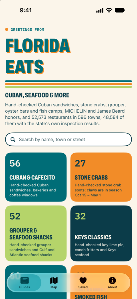 The Florida Eats home screen: a search box and guide cards for Cuban & Cafecito, Stone Crabs, Grouper & Seafood Shacks and Keys Classics, each with its count of places.