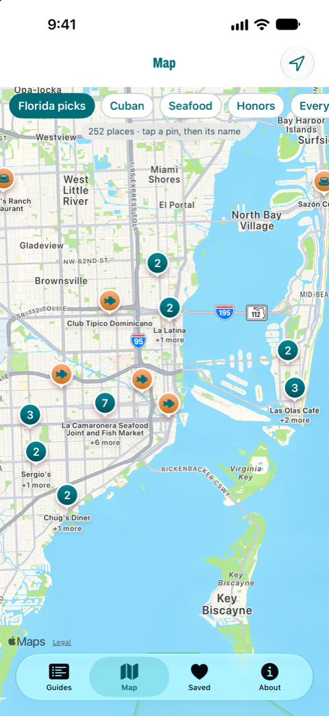 The Florida Eats map around Miami, with pins and numbered clusters for hand-checked places and filter buttons for Cuban, seafood and honors.