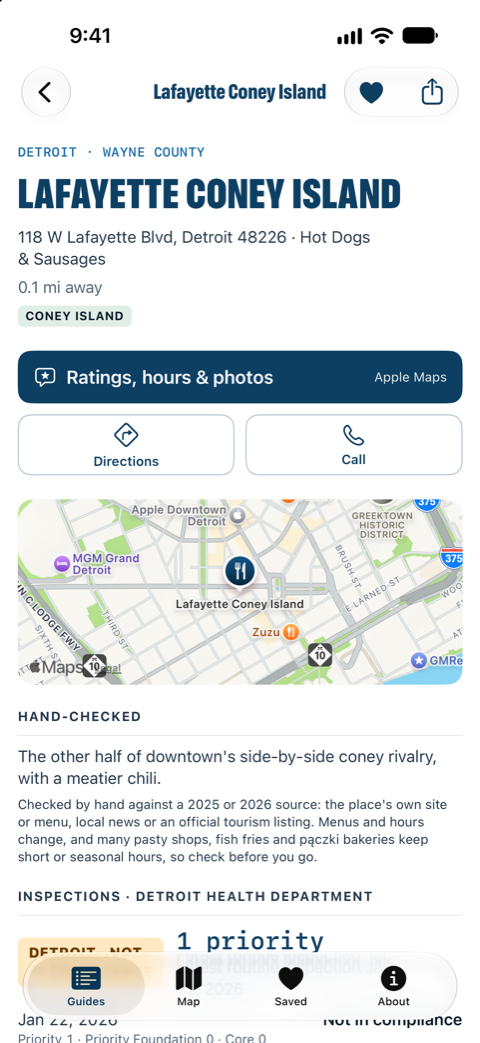 Lafayette Coney Island in Michigan Eats: its address, coney island tag, a button for Apple Maps' ratings, hours and photos, Directions and Call buttons, a small map, the hand-checked note and the Detroit Health Department's inspection results.