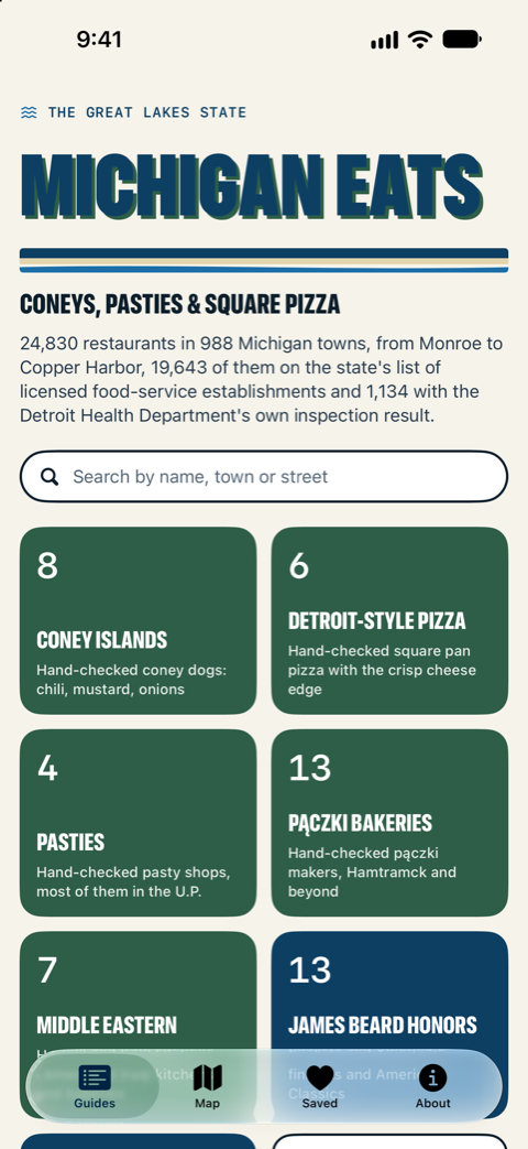 The Michigan Eats home screen: a search box and guide cards for Coney Islands, Detroit-Style Pizza, Pasties and Pączki, each with its count of places.