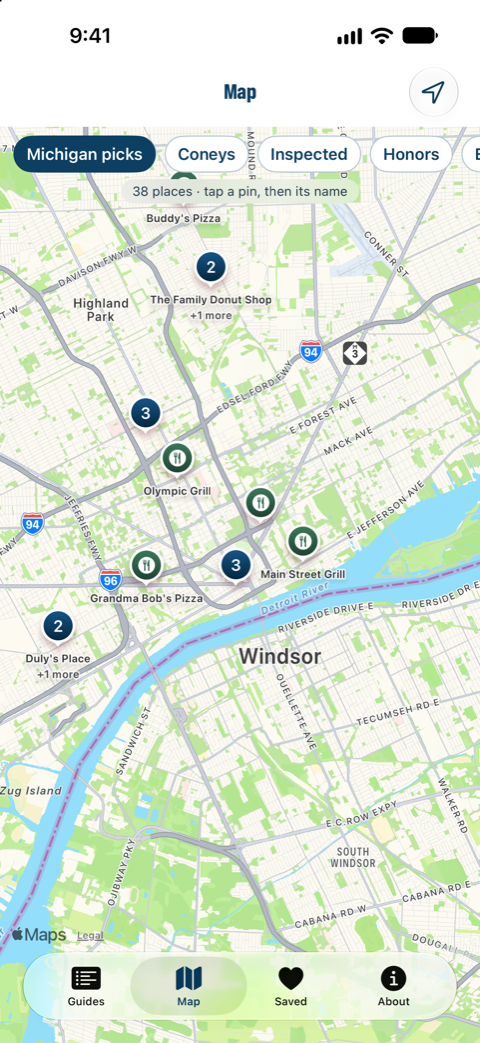 The Michigan Eats map around downtown Detroit, with pins for hand-checked places and filter buttons for coneys, inspections and honors.